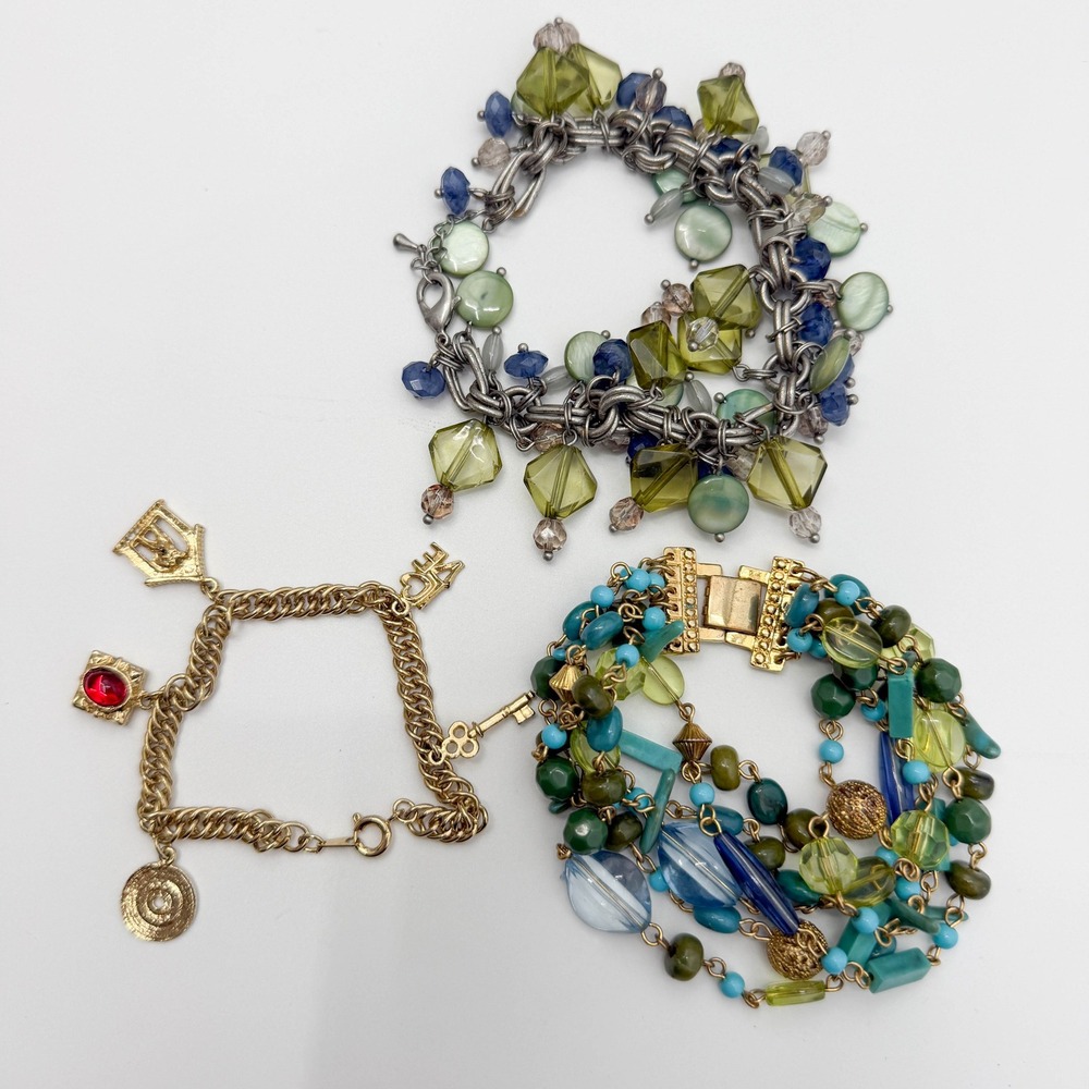 Vintage Style Bracelet Lot 3pc Beaded Multi Strand Charm Boho Gold Silver Tone